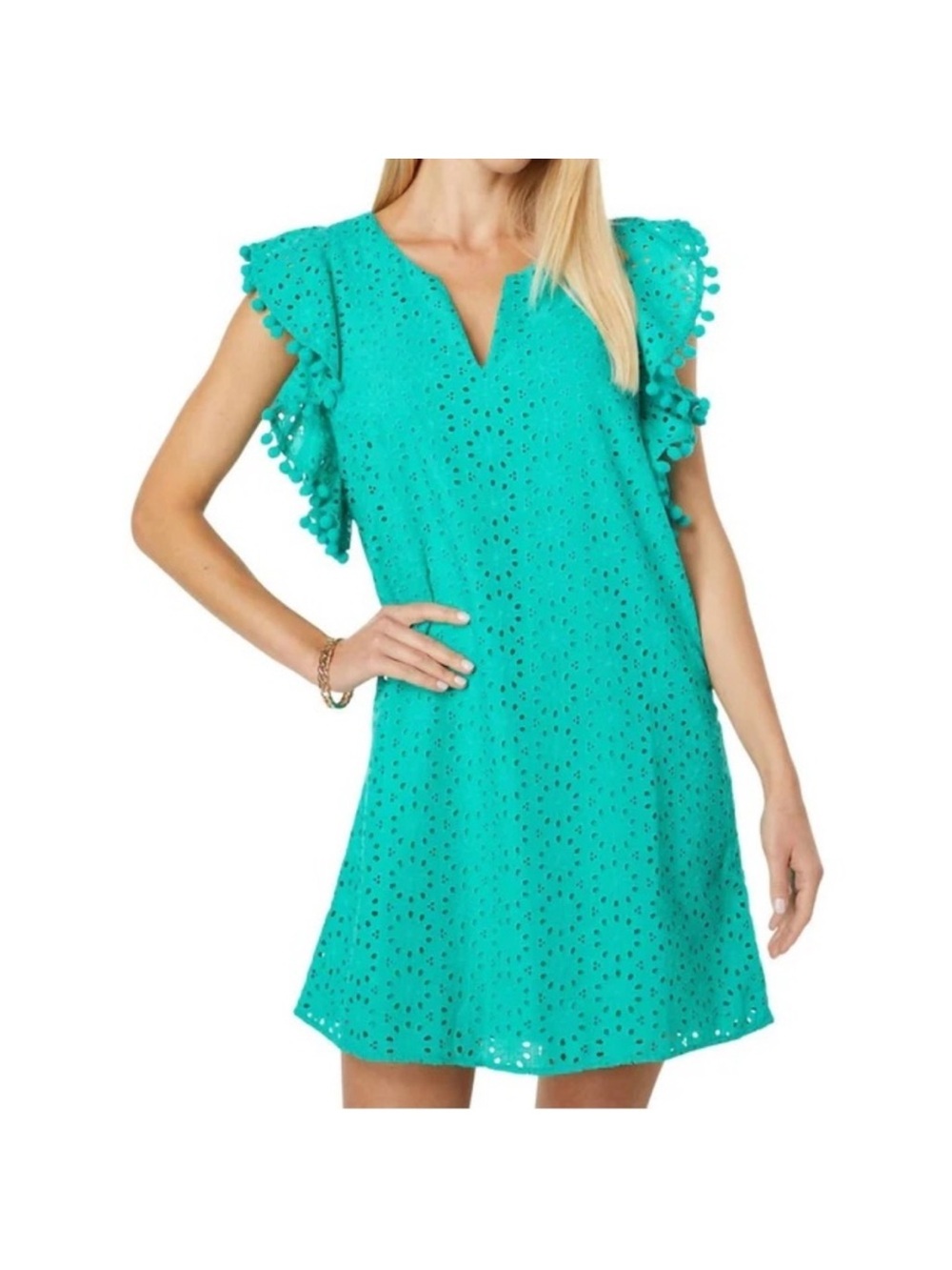 Lilly Pulitzer Turquoise Eyelet Flutter-Sleeve Midi Dress
